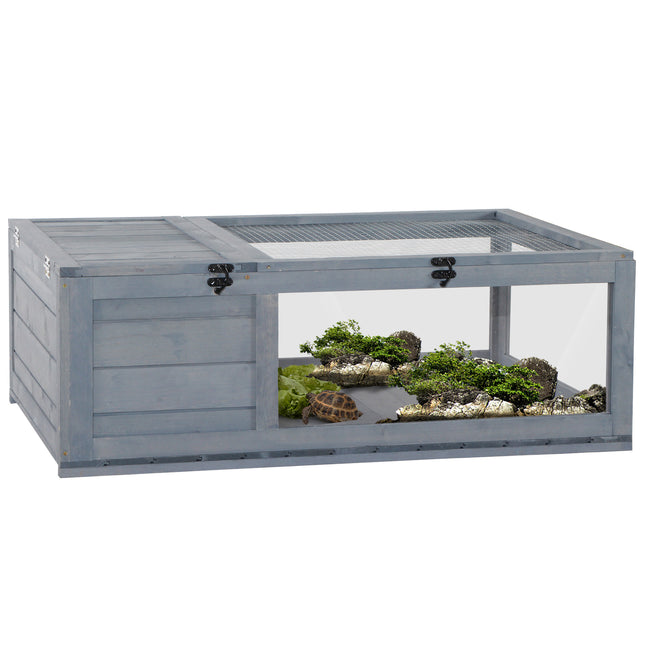 Small Pet Tortoise House with Mesh Roof and Pull-Out Side Panel for Indoor Outdoor Use - Grey