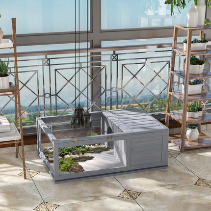Small Pet Tortoise House with Mesh Roof and Pull-Out Side Panel for Indoor Outdoor Use - Grey