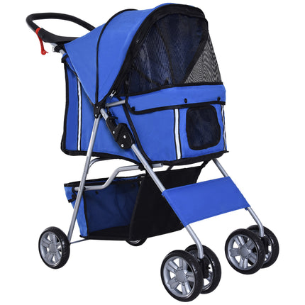 Foldable Dog Pushchair for Small Miniature Dogs & Cats with Wheels, Storage Basket & Cup Holder - Blue