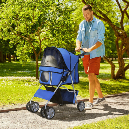 Foldable Dog Pushchair for Small Miniature Dogs & Cats with Wheels, Storage Basket & Cup Holder - Blue