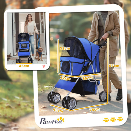 Foldable Dog Pushchair for Small Miniature Dogs & Cats with Wheels, Storage Basket & Cup Holder - Blue