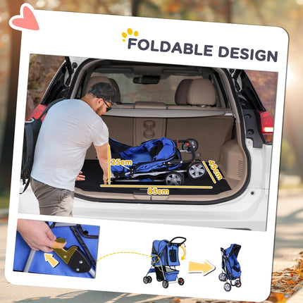 Foldable Dog Pushchair for Small Miniature Dogs & Cats with Wheels, Storage Basket & Cup Holder - Blue