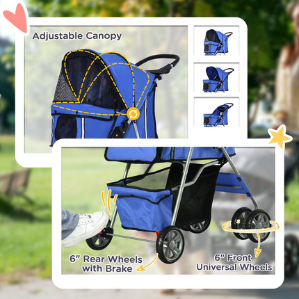 Foldable Dog Pushchair for Small Miniature Dogs & Cats with Wheels, Storage Basket & Cup Holder - Blue