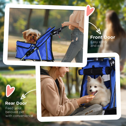 Foldable Dog Pushchair for Small Miniature Dogs & Cats with Wheels, Storage Basket & Cup Holder - Blue