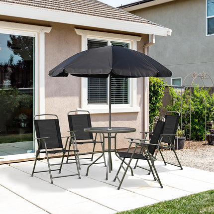 6 Piece Garden Patio Furniture Set with Folding Chairs and Parasol - Black