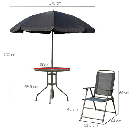 6 Piece Garden Patio Furniture Set with Folding Chairs and Parasol - Black