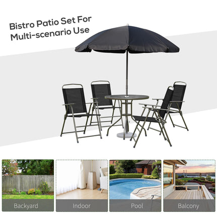 6 Piece Garden Patio Furniture Set with Folding Chairs and Parasol - Black