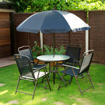 6 Piece Garden Patio Furniture Set with Folding Chairs and Parasol - Black