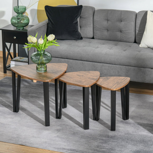 3-Piece MDF Steel Nesting Coffee and Side Table Set - Walnut Wood Grain