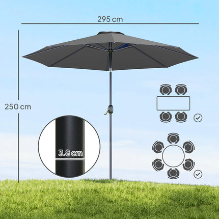 3m Tilting Garden Parasol with 8 Ribs, Crank Handle & Sun Shade for Balcony, Bench - Dark Grey