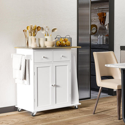 Kitchen Island Storage Cabinet Rolling Trolley with Rubberwood Top, 3-Tier Spice Rack, Drawers & Large Cabinet - White