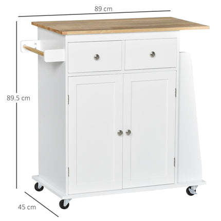 Kitchen Island Storage Cabinet Rolling Trolley with Rubberwood Top, 3-Tier Spice Rack, Drawers & Large Cabinet - White