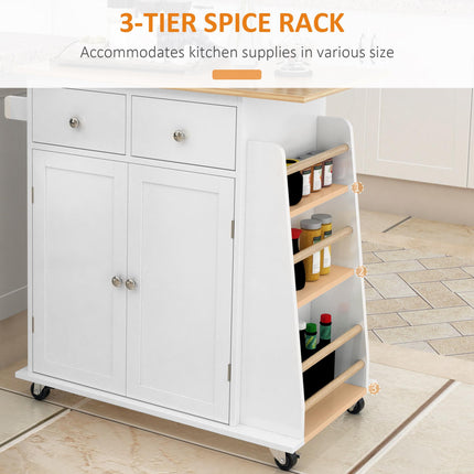 Kitchen Island Storage Cabinet Rolling Trolley with Rubberwood Top, 3-Tier Spice Rack, Drawers & Large Cabinet - White