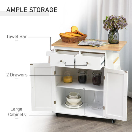 Kitchen Island Storage Cabinet Rolling Trolley with Rubberwood Top, 3-Tier Spice Rack, Drawers & Large Cabinet - White