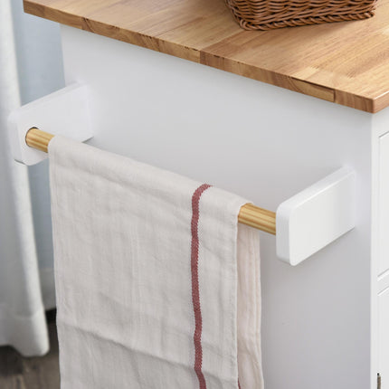 Kitchen Island Storage Cabinet Rolling Trolley with Rubberwood Top, 3-Tier Spice Rack, Drawers & Large Cabinet - White