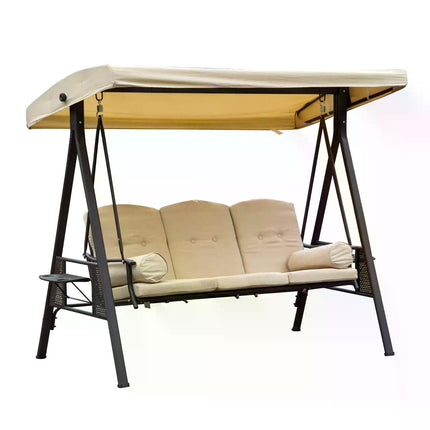 Steel 3-Seater Swing Chair Hammock with Canopy and Cushion - Beige