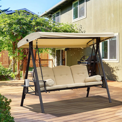 Steel 3-Seater Swing Chair Hammock with Canopy and Cushion - Beige