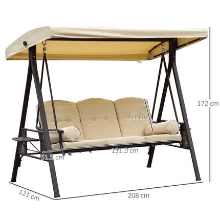 Steel 3-Seater Swing Chair Hammock with Canopy and Cushion - Beige