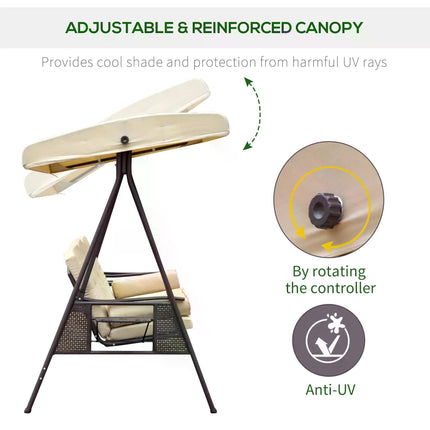 Steel 3-Seater Swing Chair Hammock with Canopy and Cushion - Beige