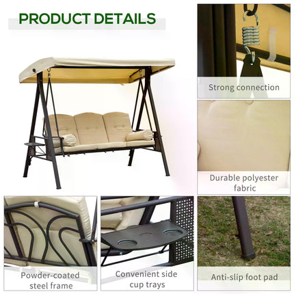 Steel 3-Seater Swing Chair Hammock with Canopy and Cushion - Beige