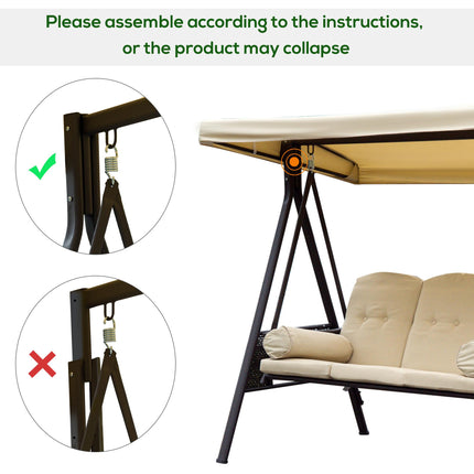 Steel 3-Seater Swing Chair Hammock with Canopy and Cushion - Beige