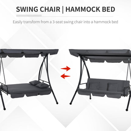 2-in-1 3-Seater Patio Swing Chair Lounger with Convertible Canopy and Cushion - Dark Grey