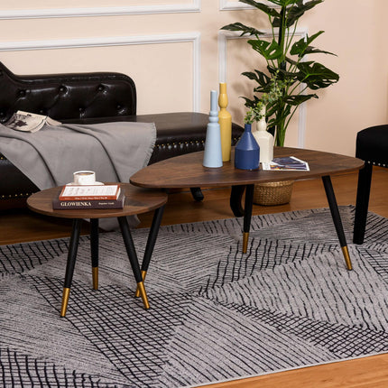 Nest of Tables Set of 2 Nesting Coffee and Side Tables with Vintage Walnut Tops - Walnut Black Gold