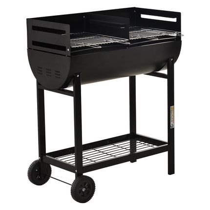 Charcoal Barbecue Grill Trolley with Dual Cooking Zones and Wheels - Black
