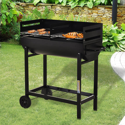 Charcoal Barbecue Grill Trolley with Dual Cooking Zones and Wheels - Black
