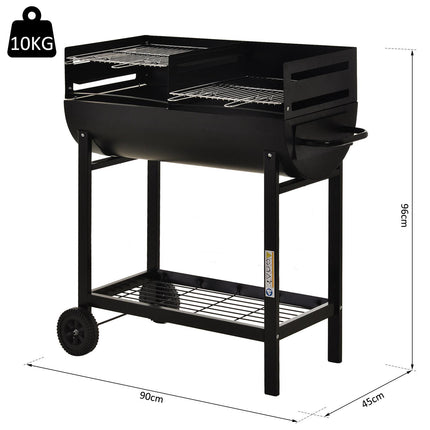 Charcoal Barbecue Grill Trolley with Dual Cooking Zones and Wheels - Black