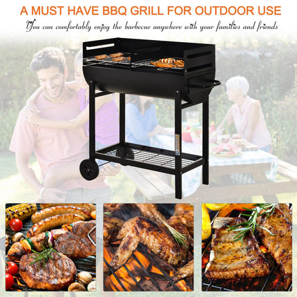 Charcoal Barbecue Grill Trolley with Dual Cooking Zones and Wheels - Black