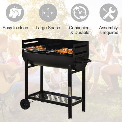 Charcoal Barbecue Grill Trolley with Dual Cooking Zones and Wheels - Black