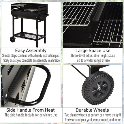 Charcoal Barbecue Grill Trolley with Dual Cooking Zones and Wheels - Black