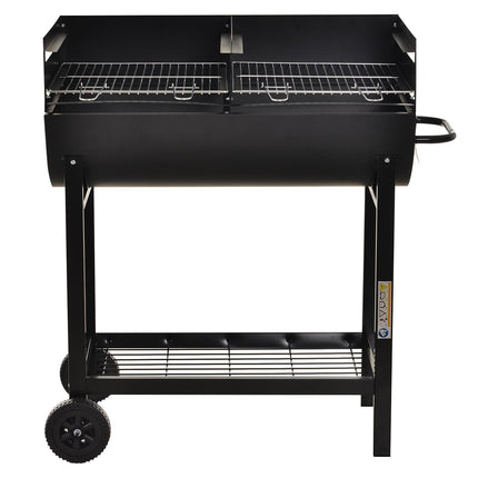 Charcoal Barbecue Grill Trolley with Dual Cooking Zones and Wheels - Black