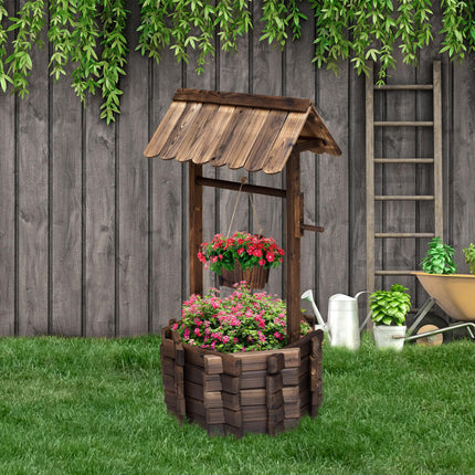 Wooden Wishing Well Planter with Bucket for Outdoor Garden Decor - Brown