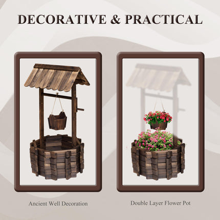 Wooden Wishing Well Planter with Bucket for Outdoor Garden Decor - Brown