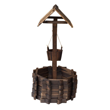 Wooden Wishing Well Planter with Bucket for Outdoor Garden Decor - Brown