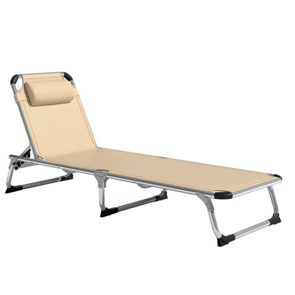 Foldable Outdoor Sun Lounger, Reclining Lounge Chair Camping Bed Cot with Pillow