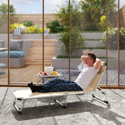 Foldable Outdoor Sun Lounger, Reclining Lounge Chair Camping Bed Cot with Pillow