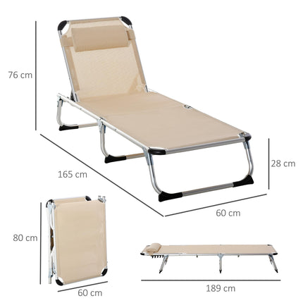 Foldable Outdoor Sun Lounger, Reclining Lounge Chair Camping Bed Cot with Pillow