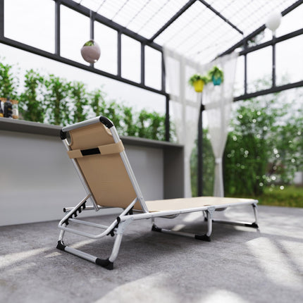 Foldable Outdoor Sun Lounger, Reclining Lounge Chair Camping Bed Cot with Pillow