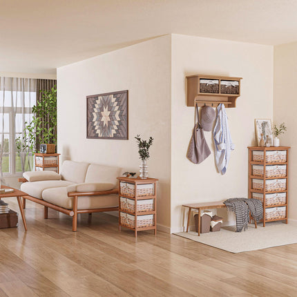 5 Drawer Wicker Basket Dresser with Wooden Frame Storage Cabinet - Natural Finish