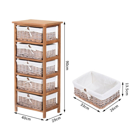 5 Drawer Wicker Basket Dresser with Wooden Frame Storage Cabinet - Natural Finish