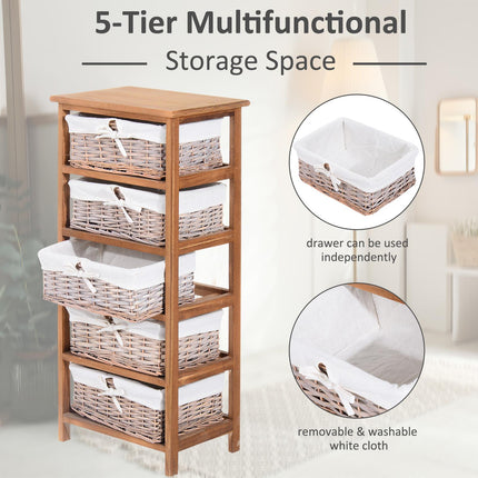 5 Drawer Wicker Basket Dresser with Wooden Frame Storage Cabinet - Natural Finish