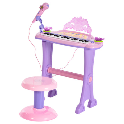 Mini Electronic Organ Piano with Microphone and Stool - Purple/Pink