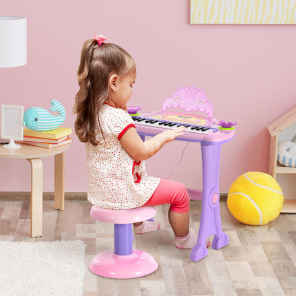 Mini Electronic Organ Piano with Microphone and Stool - Purple/Pink