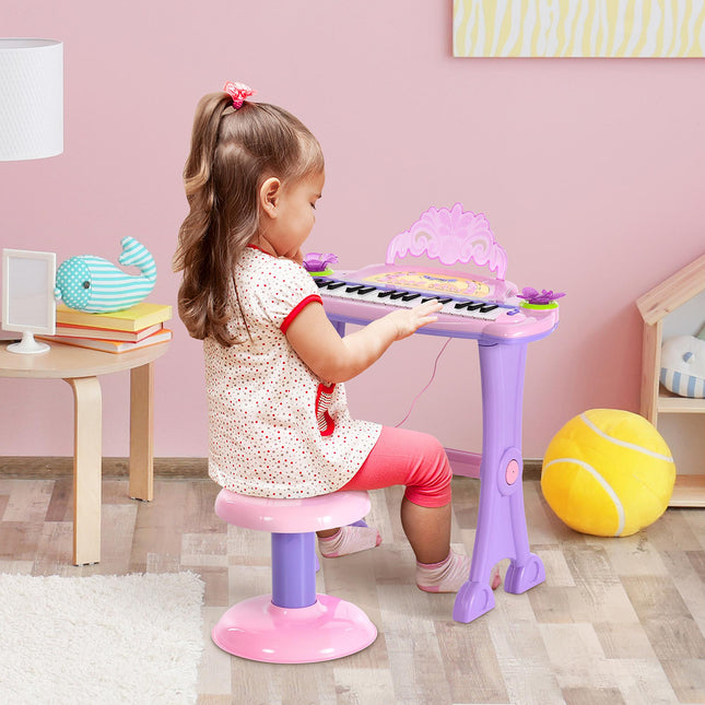Mini Electronic Organ Piano with Microphone and Stool - Purple/Pink