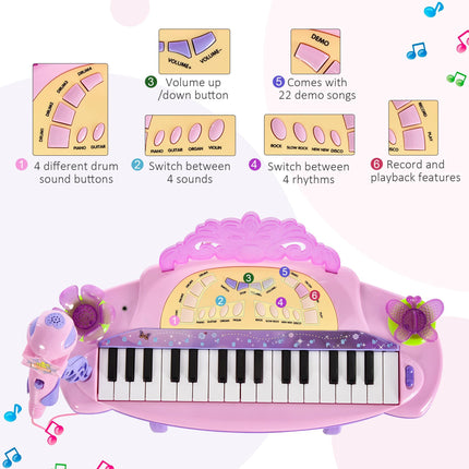 Mini Electronic Organ Piano with Microphone and Stool - Purple/Pink