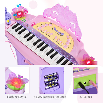 Mini Electronic Organ Piano with Microphone and Stool - Purple/Pink