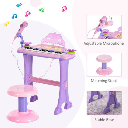 Mini Electronic Organ Piano with Microphone and Stool - Purple/Pink